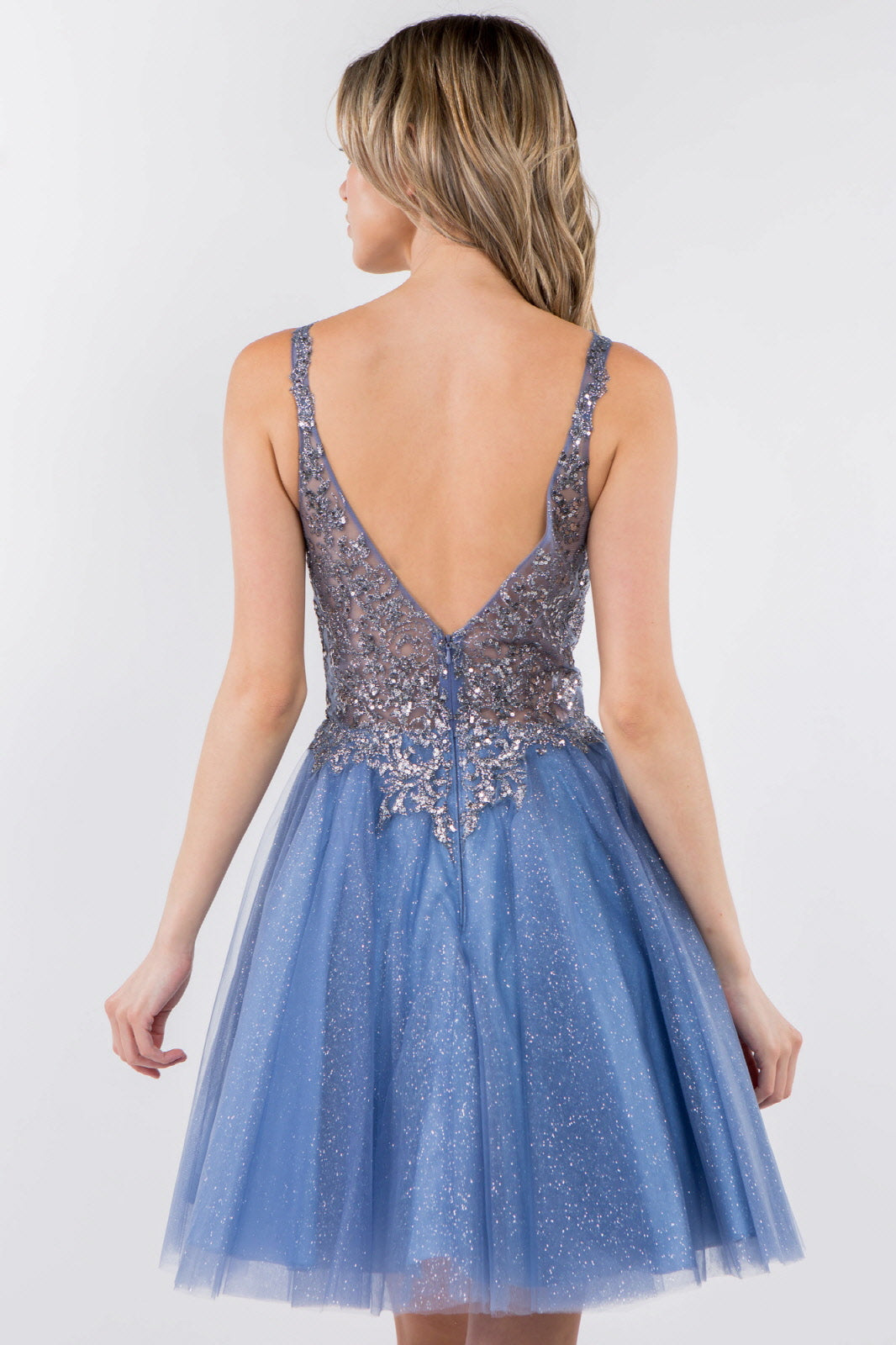 Sequin and Glitter Embellished Sheer Bodice V-Neck Short Dress