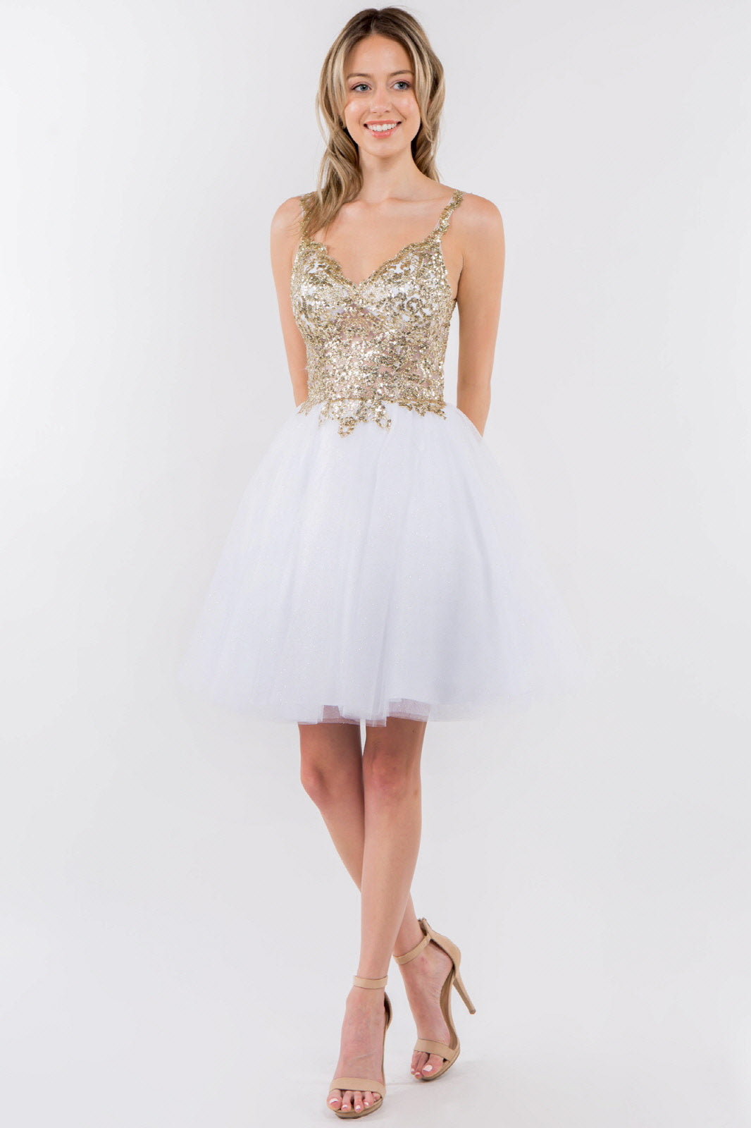 white mesh sequin dress Sequin and Glitter Embellished Sheer Bodice V-Neck Short Dress L / White