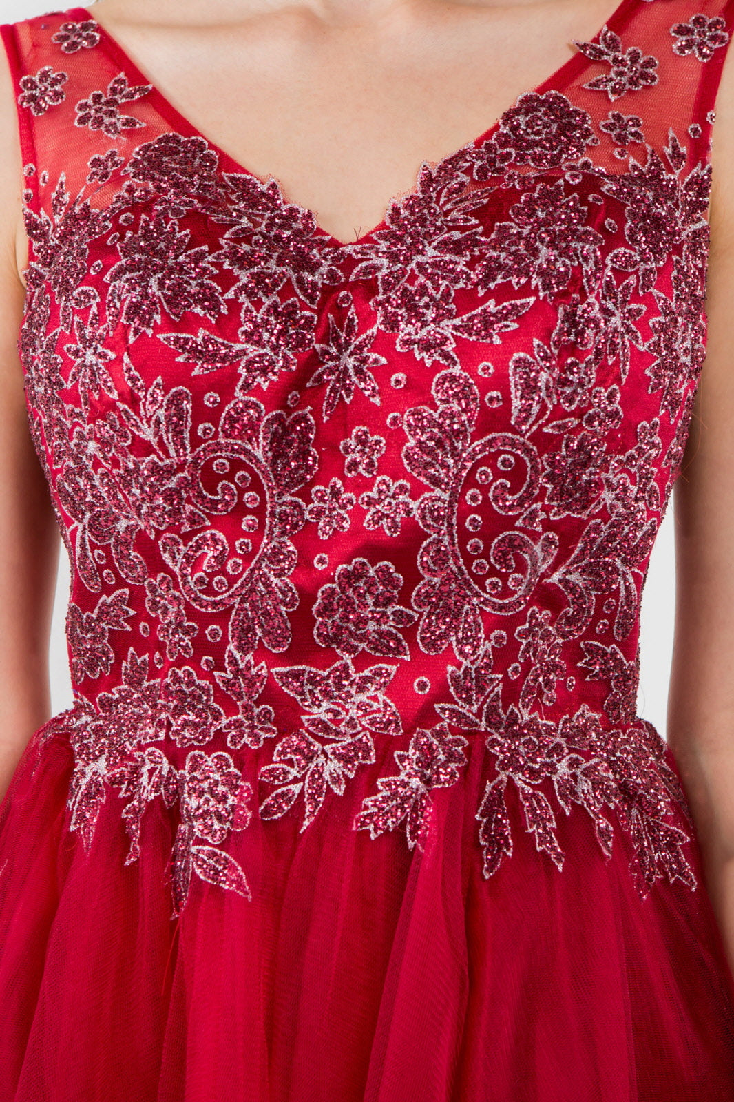 Glitter Embellished Bodice V-Neck Tulle Short Dress