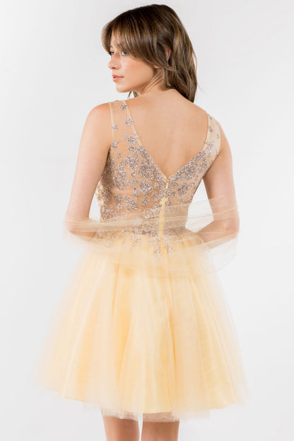 Glitter Embellished Bodice V-Neck Tulle Short Dress