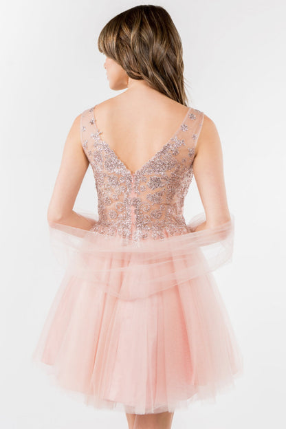 Glitter Embellished Bodice V-Neck Tulle Short Dress