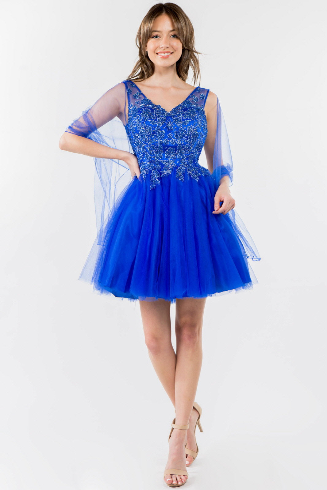 Glitter Embellished Bodice V-Neck Tulle Short Dress