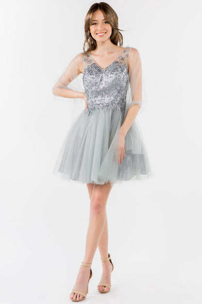 Glitter Embellished Bodice V-Neck Tulle Short Dress