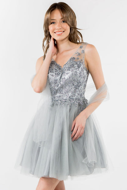 Glitter Embellished Bodice V-Neck Tulle Short Dress