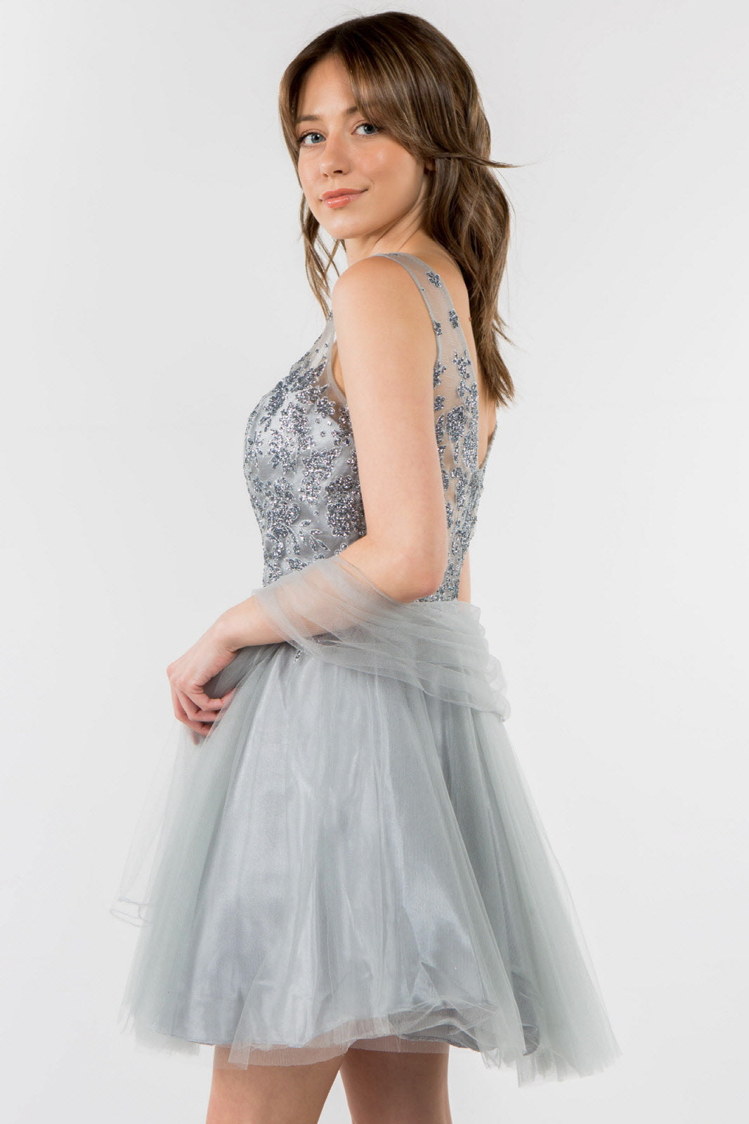 Glitter Embellished Bodice V-Neck Tulle Short Dress