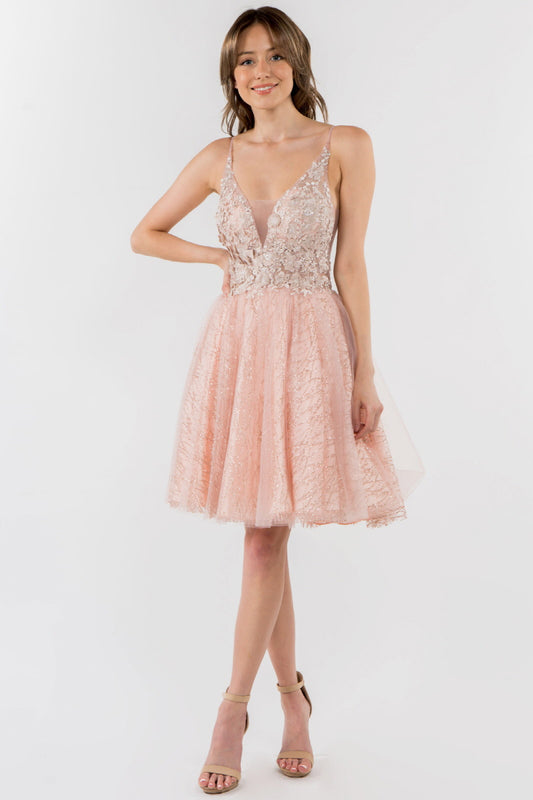 Sheer Bodice V-Neck Glitter Mesh Homecoming Dress