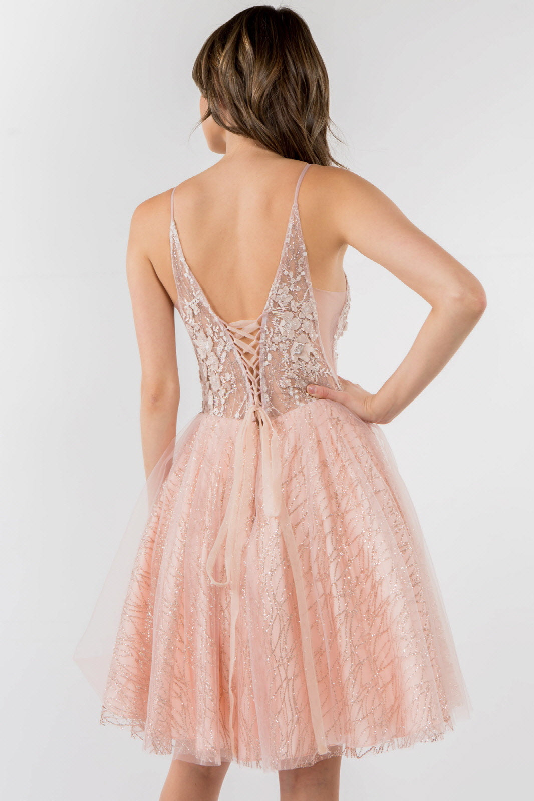 Sheer Bodice V-Neck Glitter Mesh Homecoming Dress