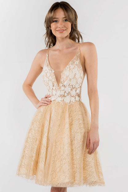 Sheer Bodice V-Neck Glitter Mesh Homecoming Dress