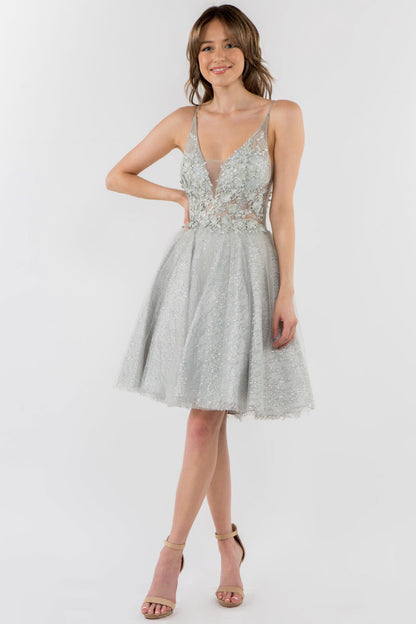 Sheer Bodice V-Neck Glitter Mesh Homecoming Dress