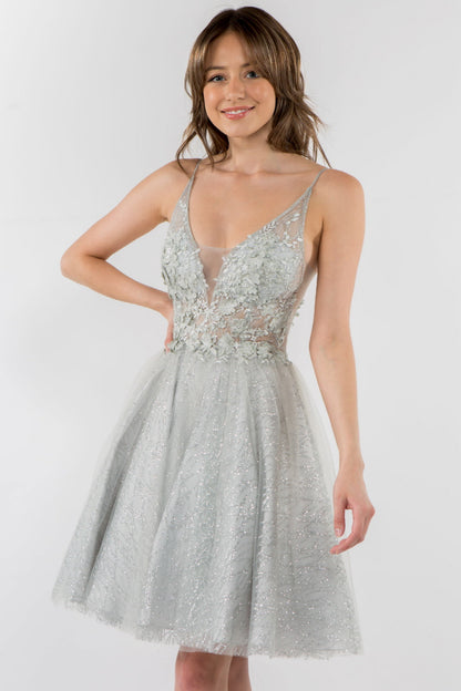 Sheer Bodice V-Neck Glitter Mesh Homecoming Dress