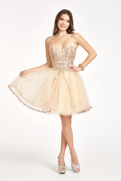 Glitter and Sequin Embellished Bodice Sweetheart Mesh Homecoming Dress