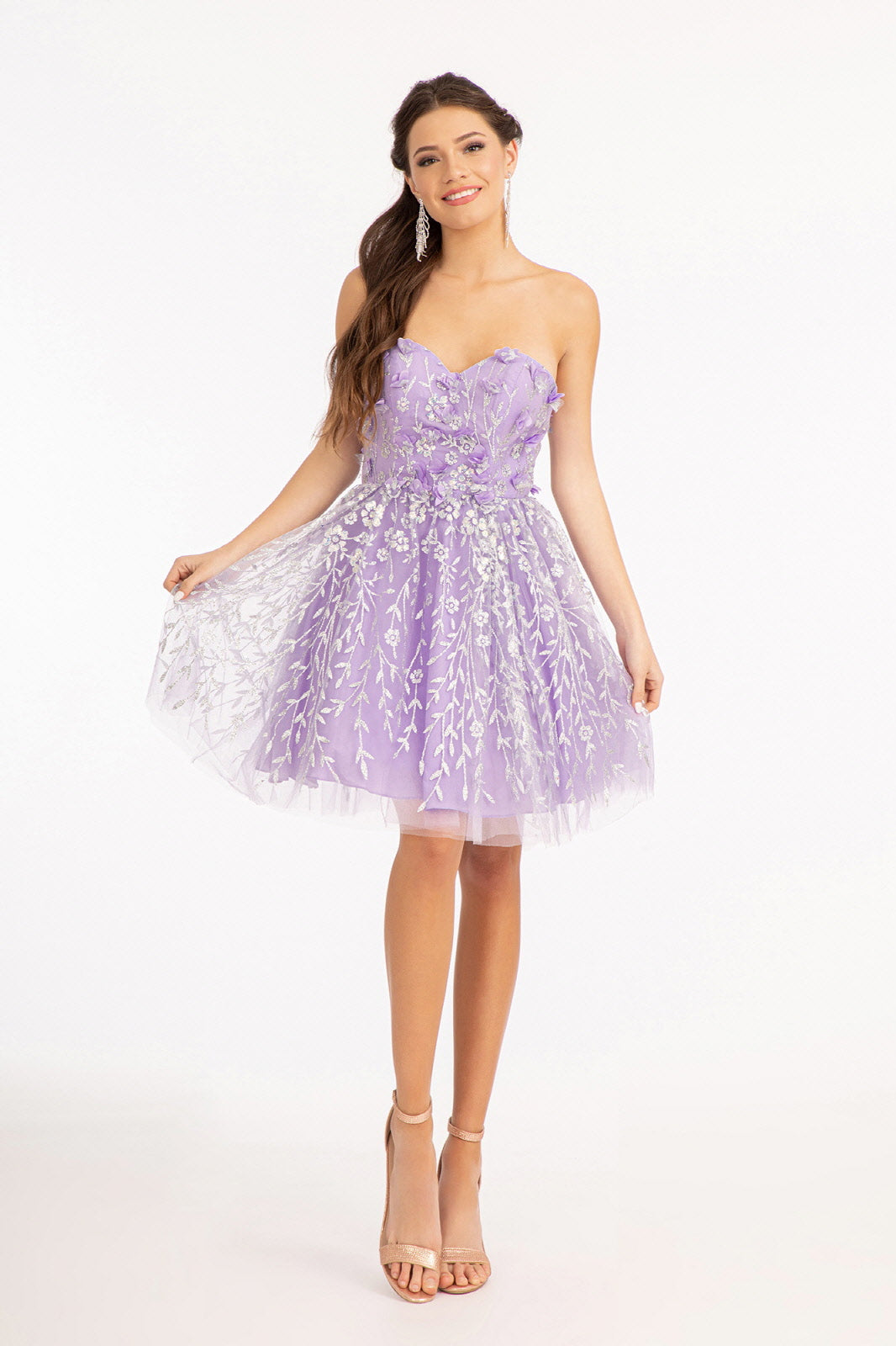 3D Floral Applique Embellished Glitter Mesh Sweetheart Short Dress