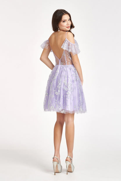 Sequin Sheer V-Back Glitter Mesh Homecoming Dress w/ Sweetheart Neckline