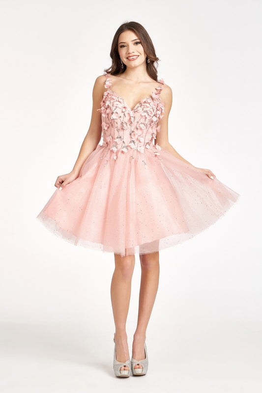 Sequin Floral Applique V-Back Glitter Mesh Homecoming Dress w/ Sweetheart Neckline