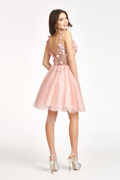 Sequin Floral Applique V-Back Glitter Mesh Homecoming Dress w/ Sweetheart Neckline