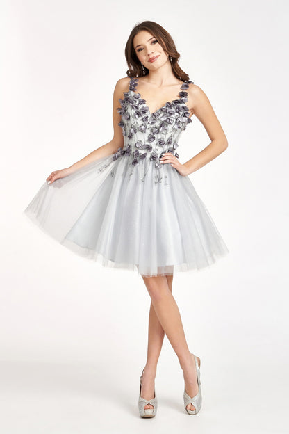 Sequin Floral Applique V-Back Glitter Mesh Homecoming Dress w/ Sweetheart Neckline