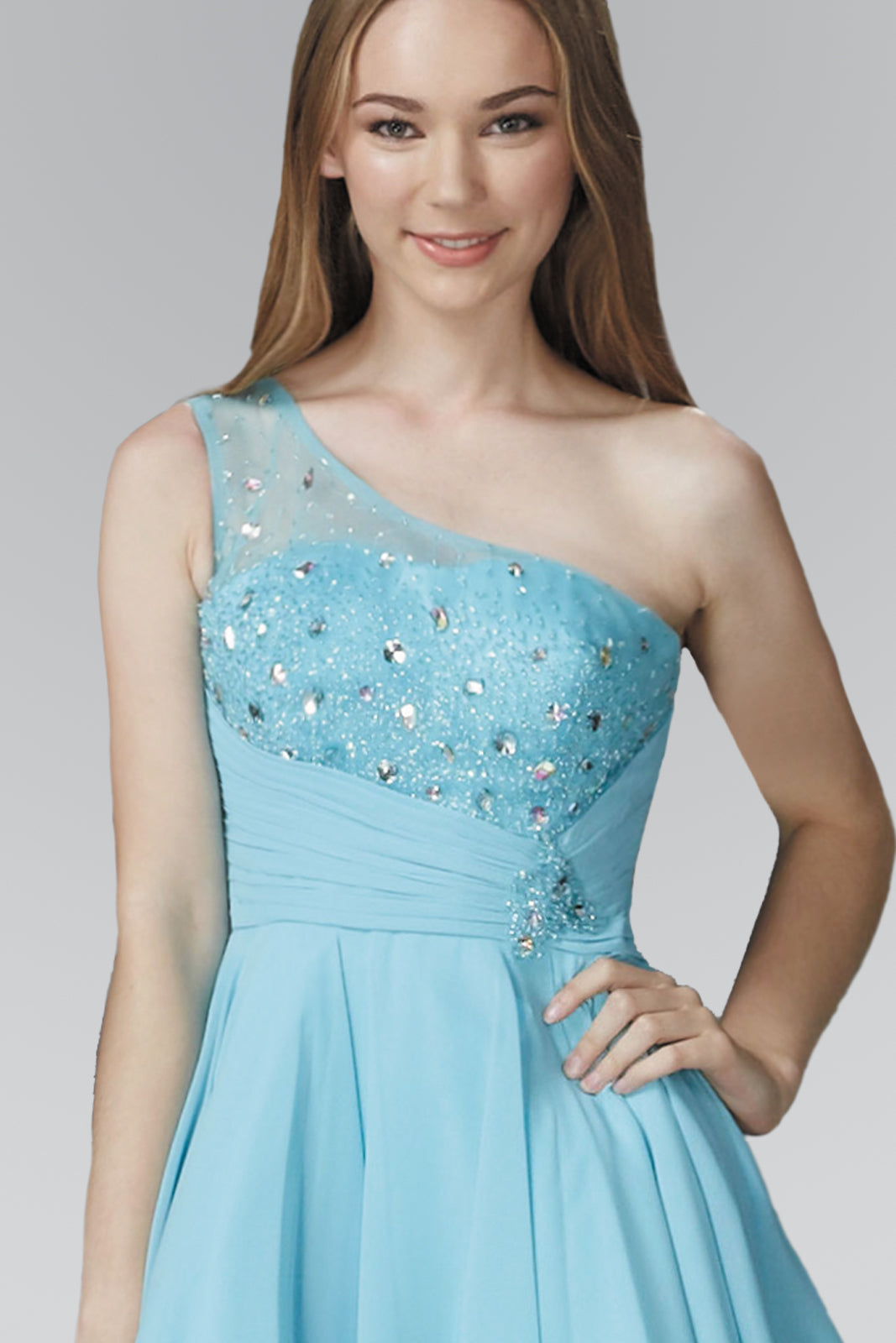 One Shoulder Chiffon Short Dress with Bead Detailing