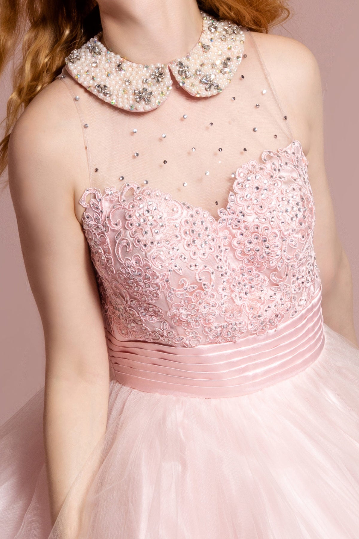 Embroidered Tulle Short Dress with Beaded Collar and Illusion Sweetheart Neckline XL / Pink Embroidered Tulle Short Dress with Beaded Collar and Illusion Sweetheart Neckline XL / Pink