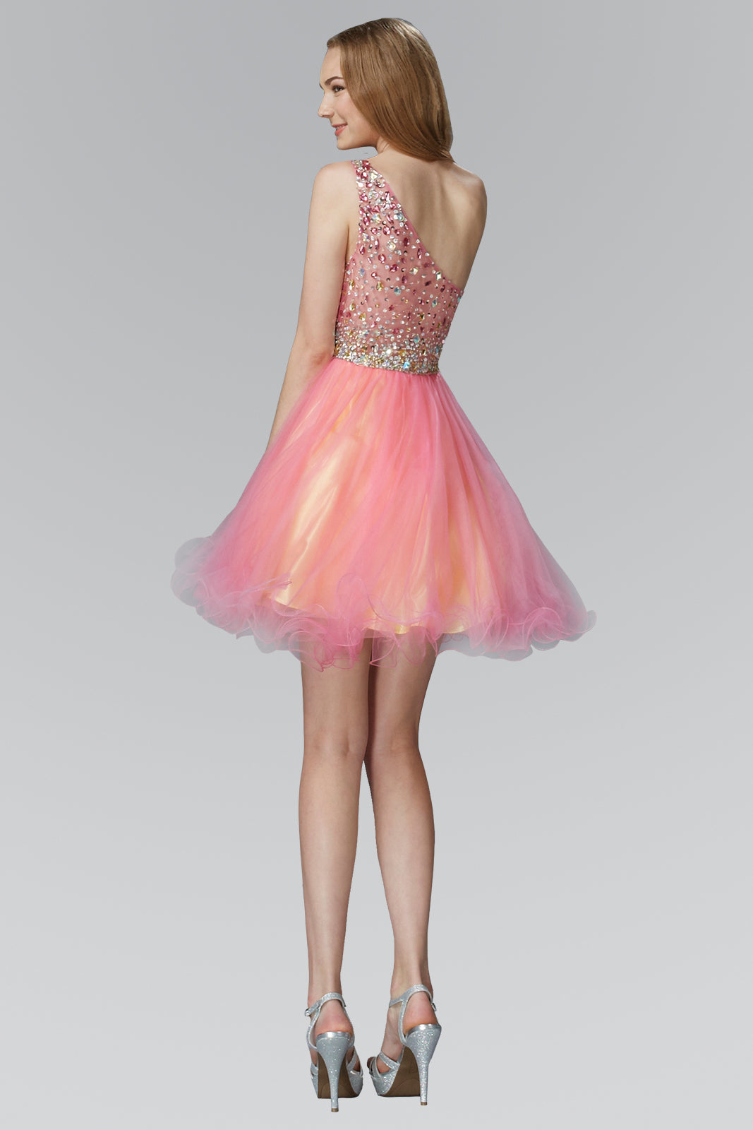 One Shoulder Rolled Hem Short Dress with Jewel Embellished Bodice