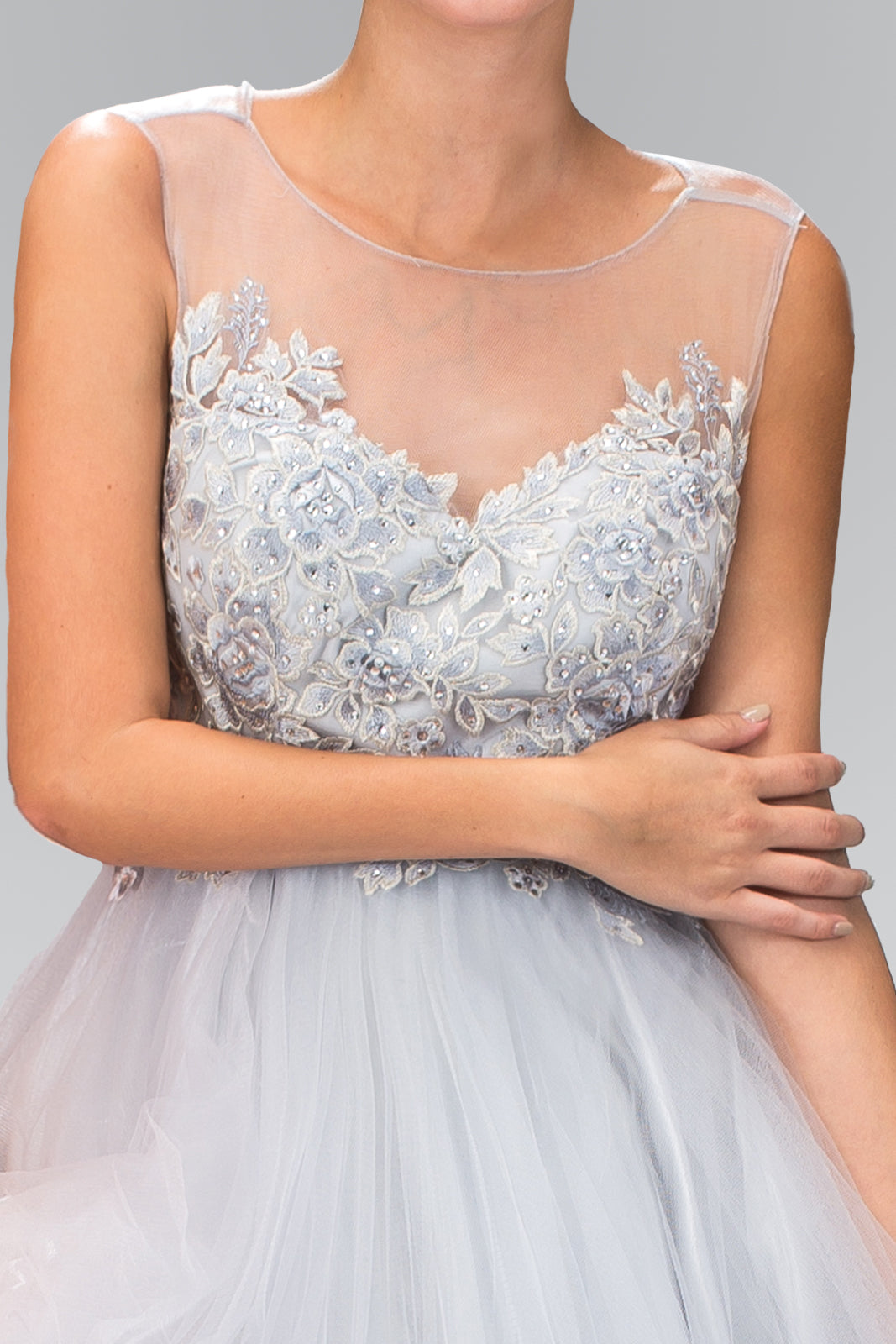 Rolled Hem Tulle Short Dress with Floral Lace Embellished Bodice