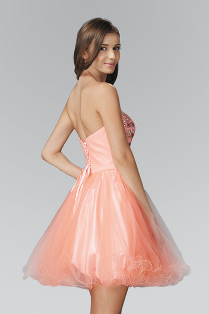 Strapless Sweetheart Tulle Short Dress with Jewel Embellished Bodice and Corset Back Detailing