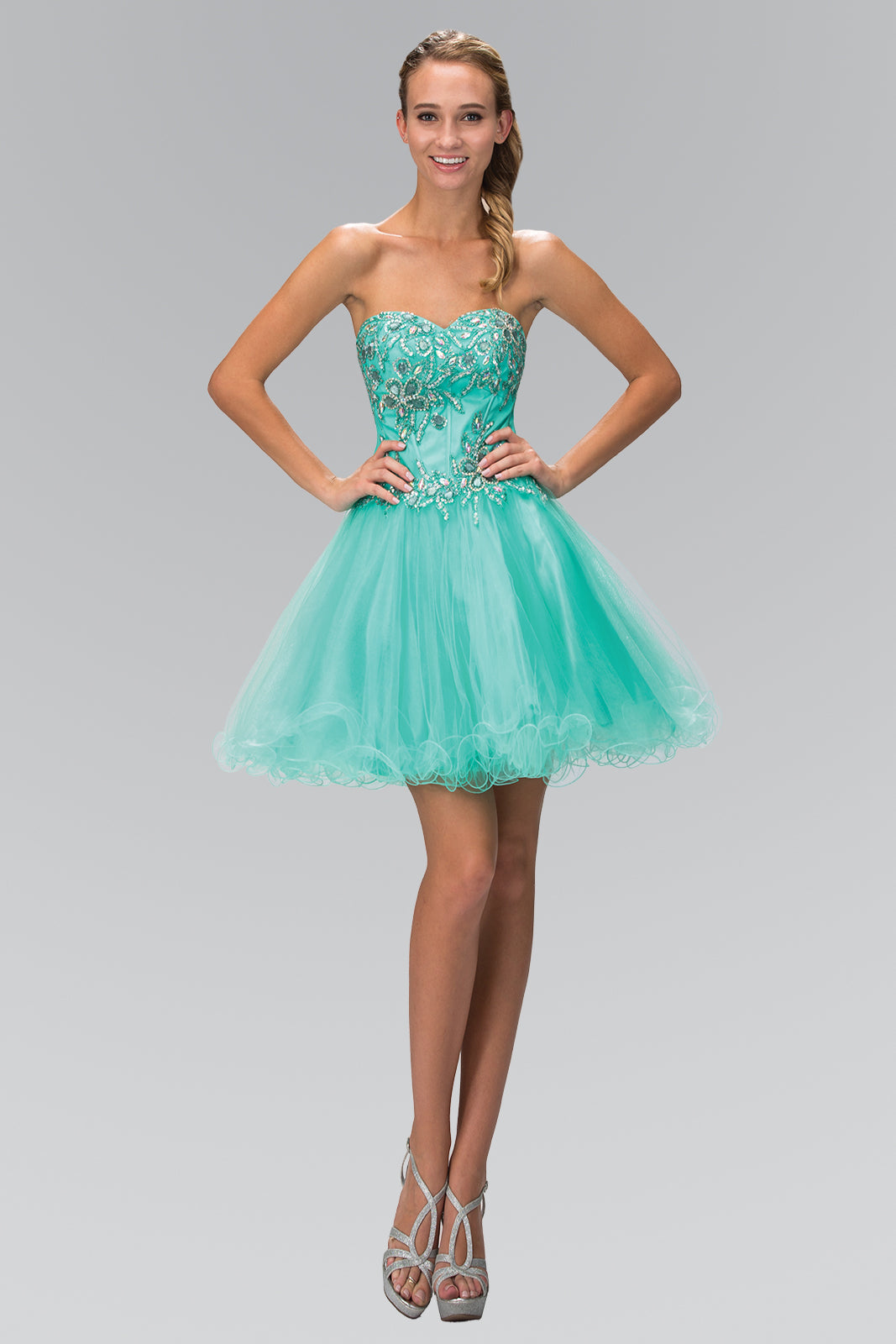 Strapless Sweetheart Tulle Short Dress with Jewel Embellished Bodice and Corset Back Detailing