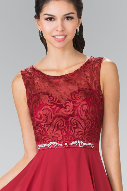 Lace Bodice A-Line Short Dress w/ Jeweled Waist Band