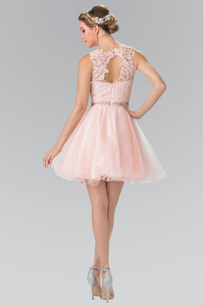 Lace Illusion Top A-line Short Dress with Beaded Waist