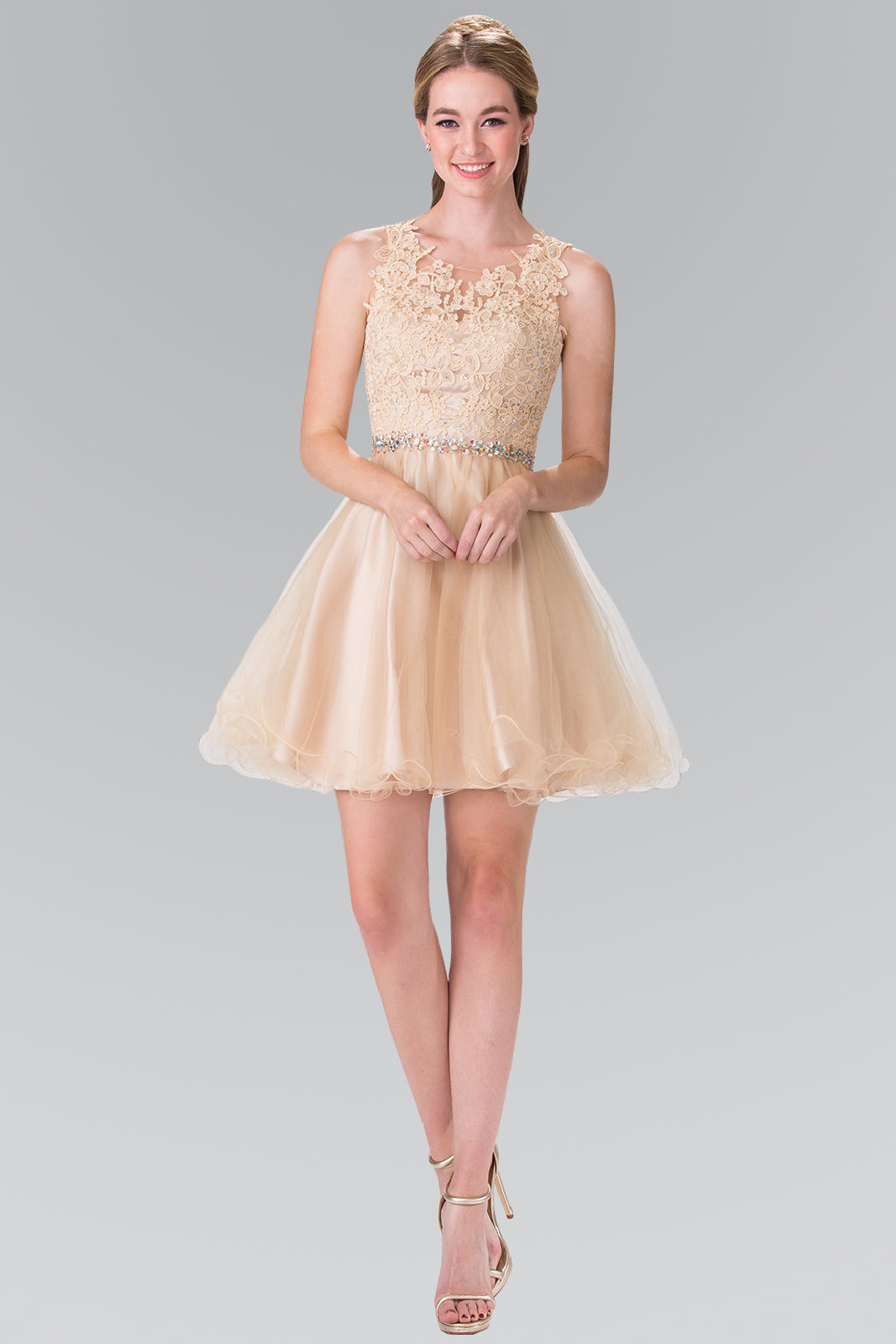 Lace Illusion Top A-line Short Dress with Beaded Waist