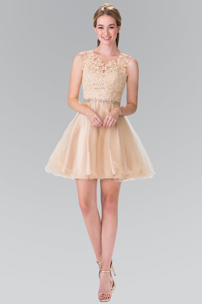 Lace Illusion Top A-line Short Dress with Beaded Waist