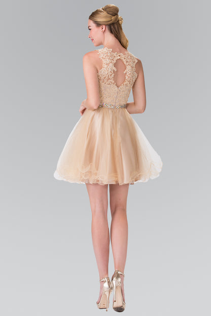 Lace Illusion Top A-line Short Dress with Beaded Waist