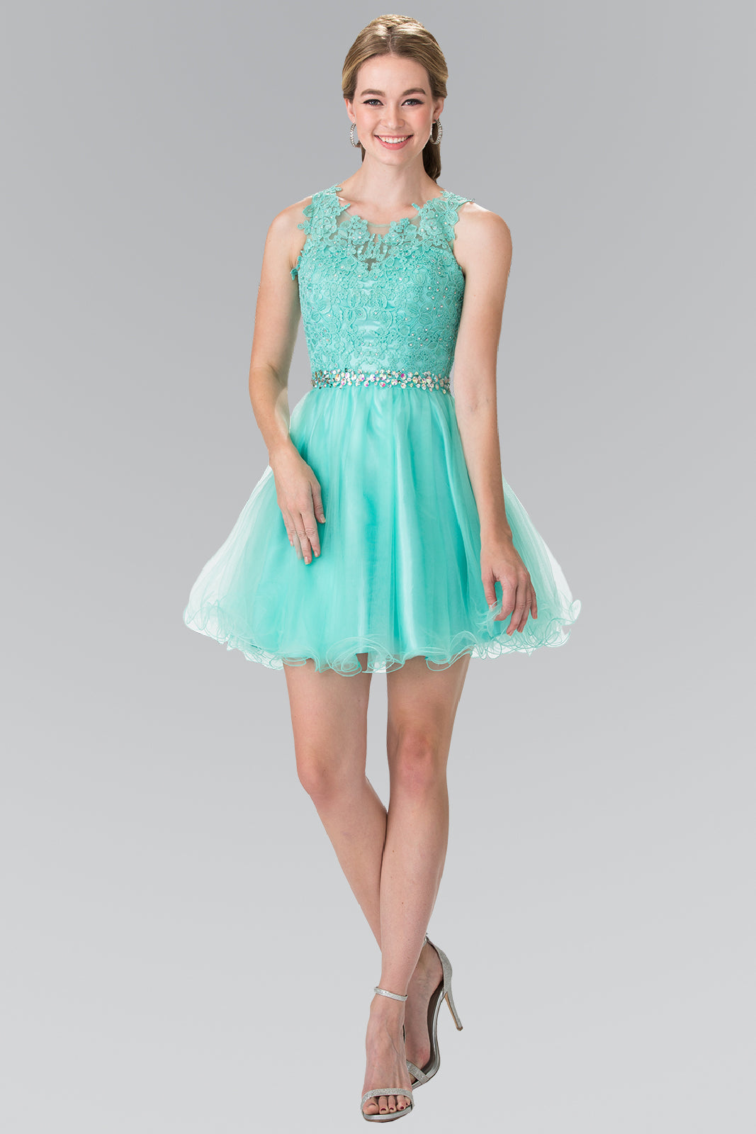 Lace Illusion Top A-line Short Dress with Beaded Waist