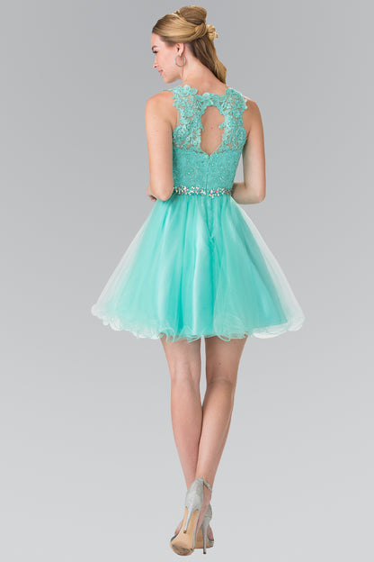 Lace Illusion Top A-line Short Dress with Beaded Waist