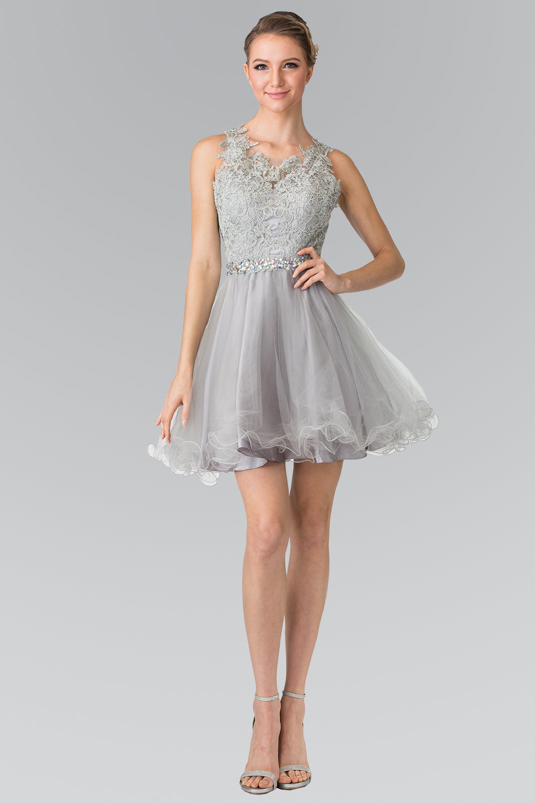 Lace Illusion Top A-line Short Dress with Beaded Waist