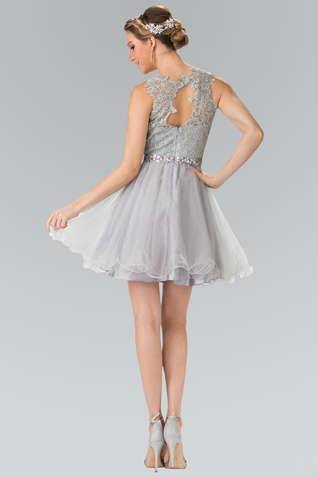 Lace Illusion Top A-line Short Dress with Beaded Waist