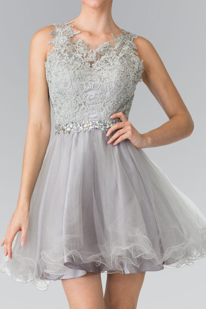 Lace Illusion Top A-line Short Dress with Beaded Waist