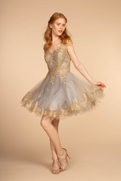 Tulle Short Dress Accented with Gold Lace