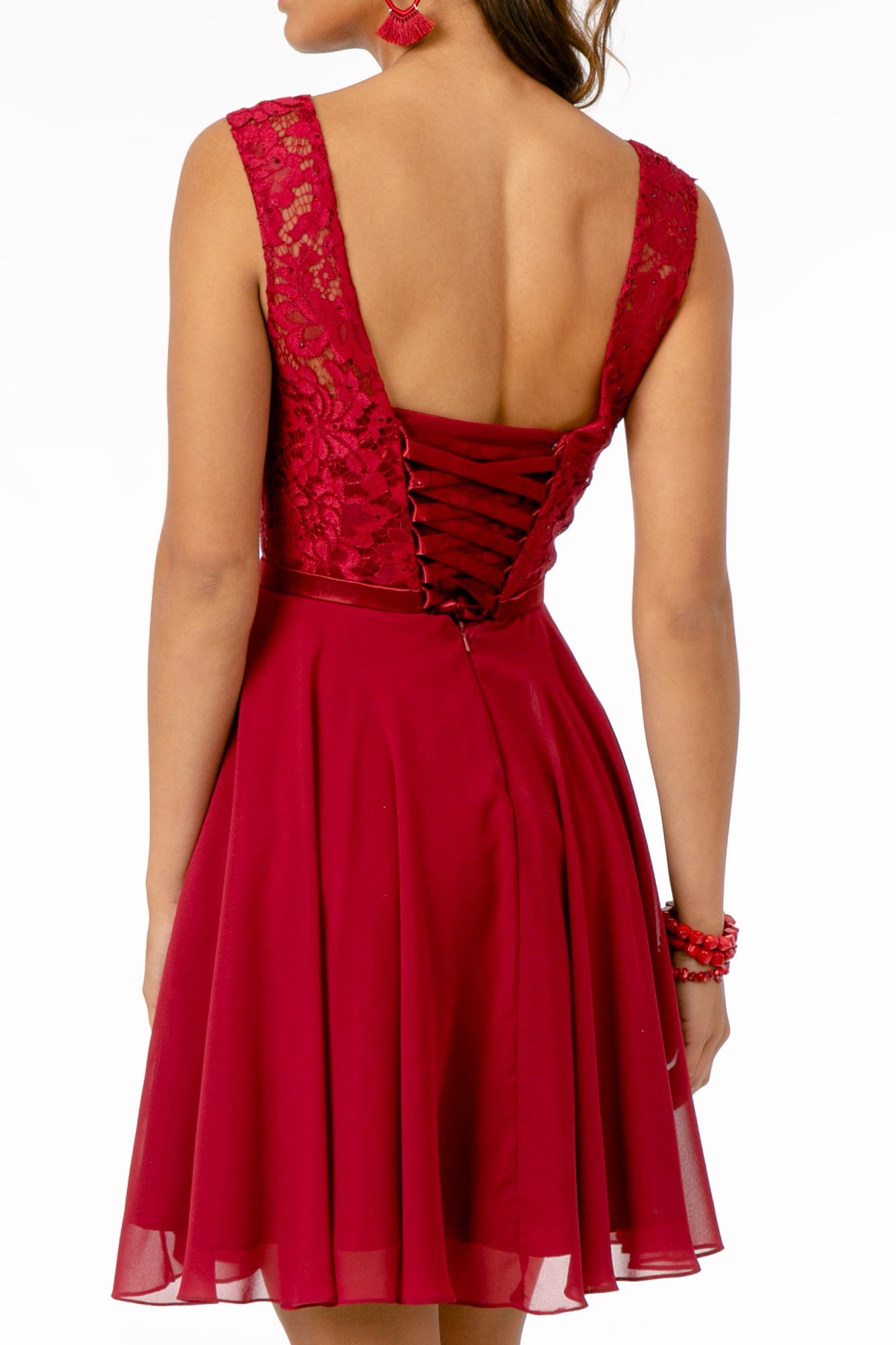 Lace Embellished Bodice Chiffon Short Dress S / Burgundy