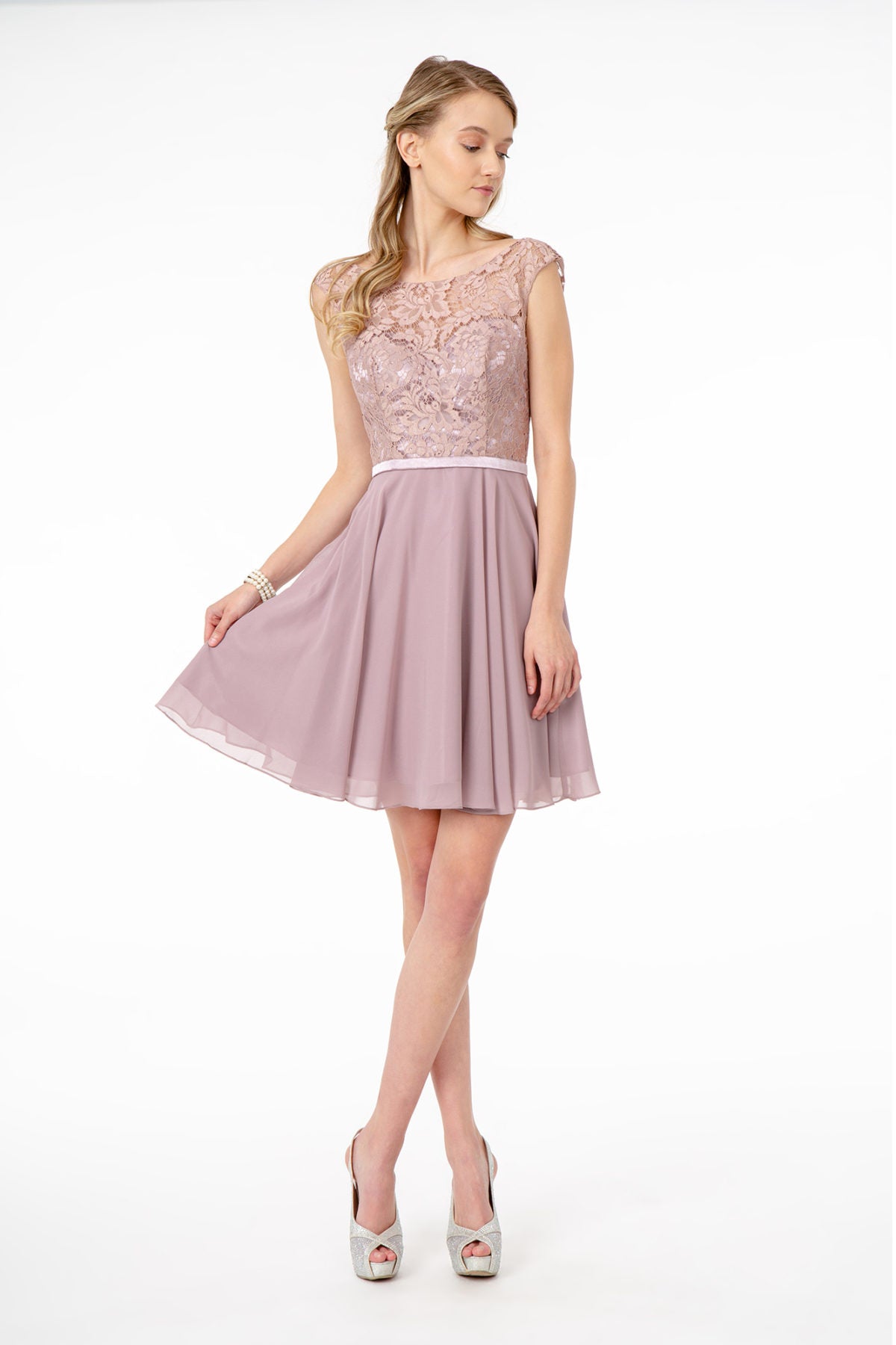 Lace Embellished Bodice Chiffon Short Dress