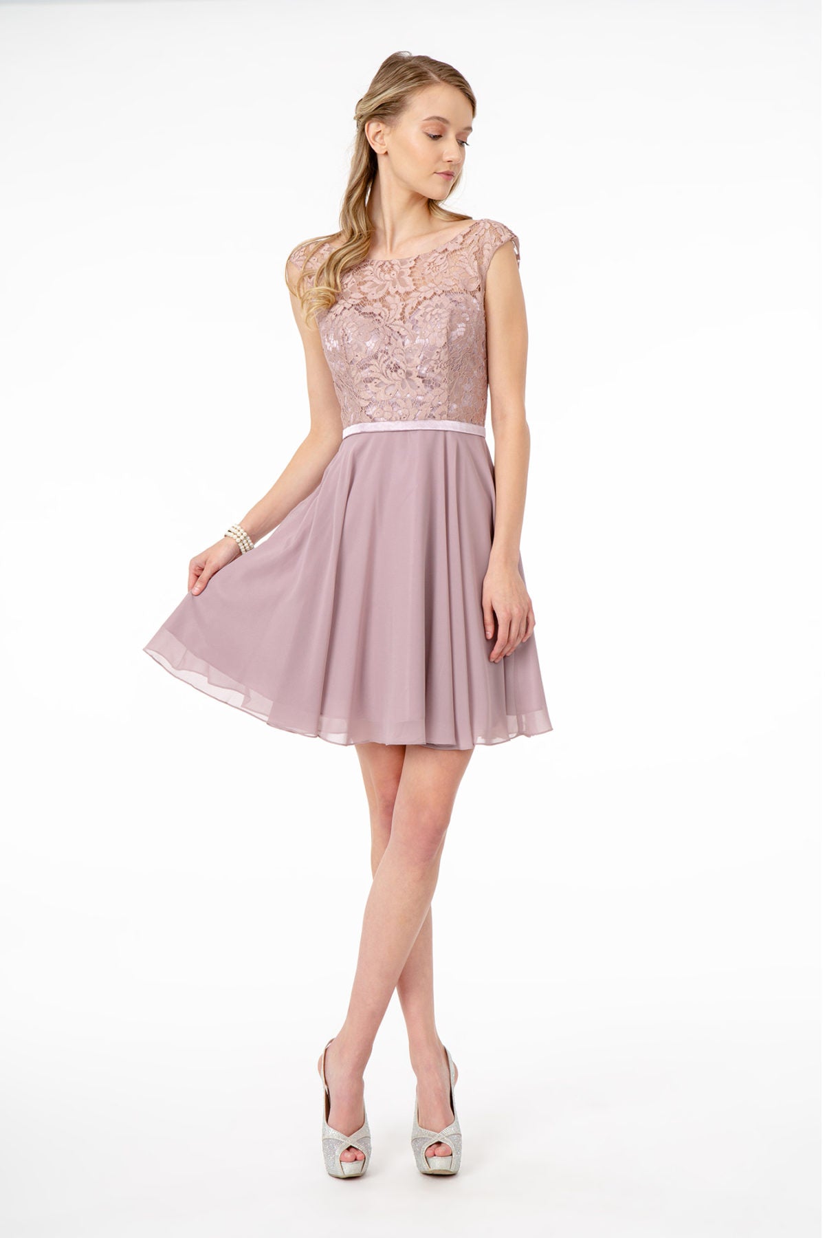 Lace Embellished Bodice Chiffon Short Dress S / Burgundy