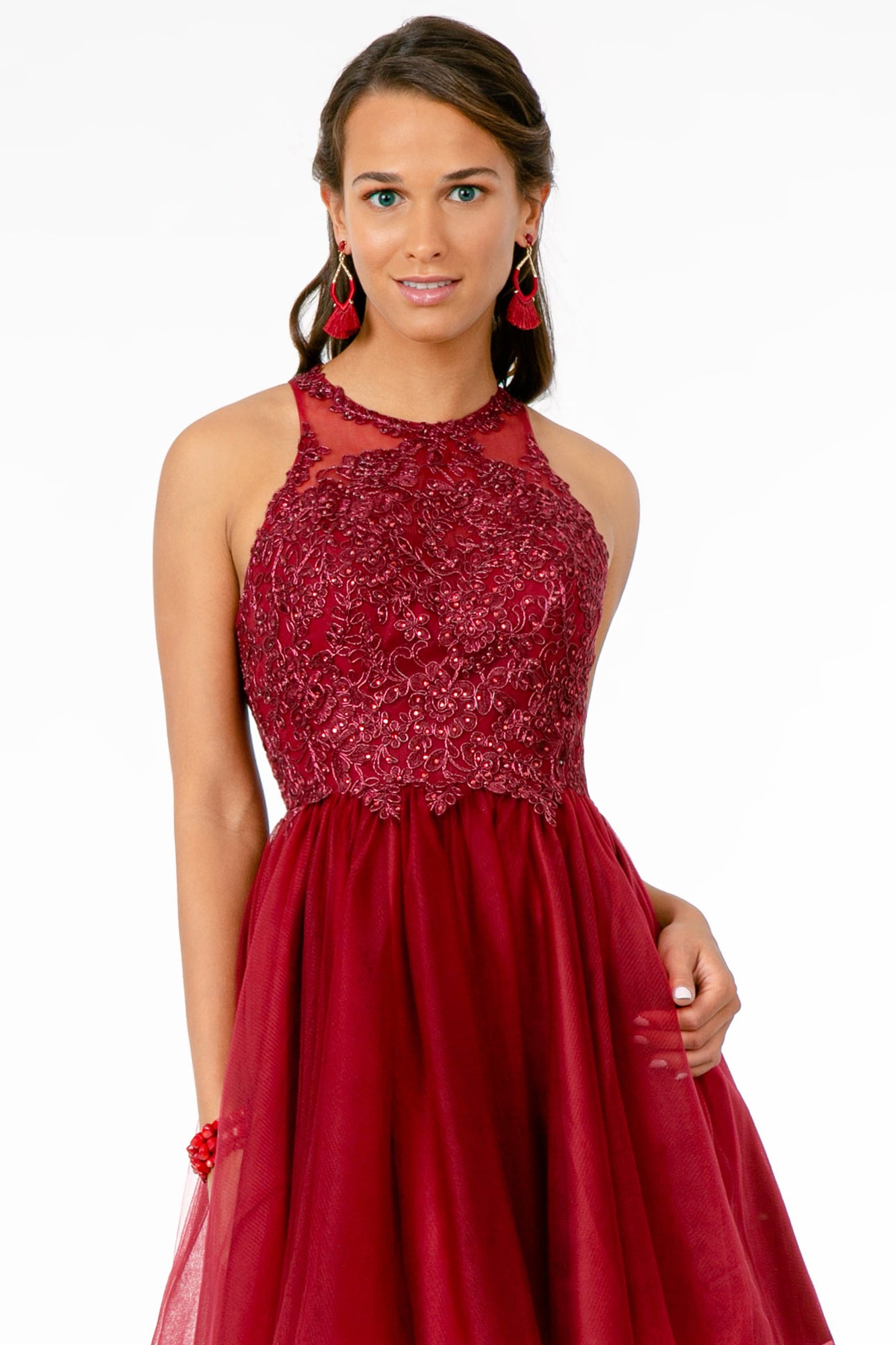 Jewel Embellished Embroidery Tulle Short Dress w/ Strap Back