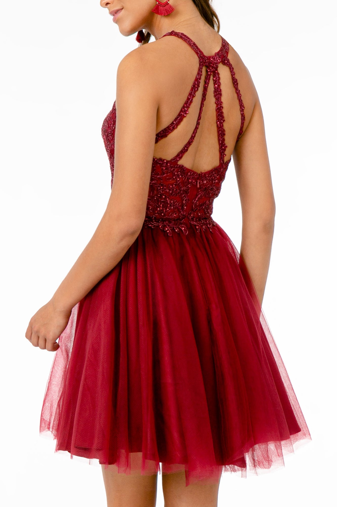 Jewel Embellished Embroidery Tulle Short Dress w/ Strap Back Tux-USA Jewel Embellished Embroidery Tulle Short Dress w/ Strap Back Tux-USA