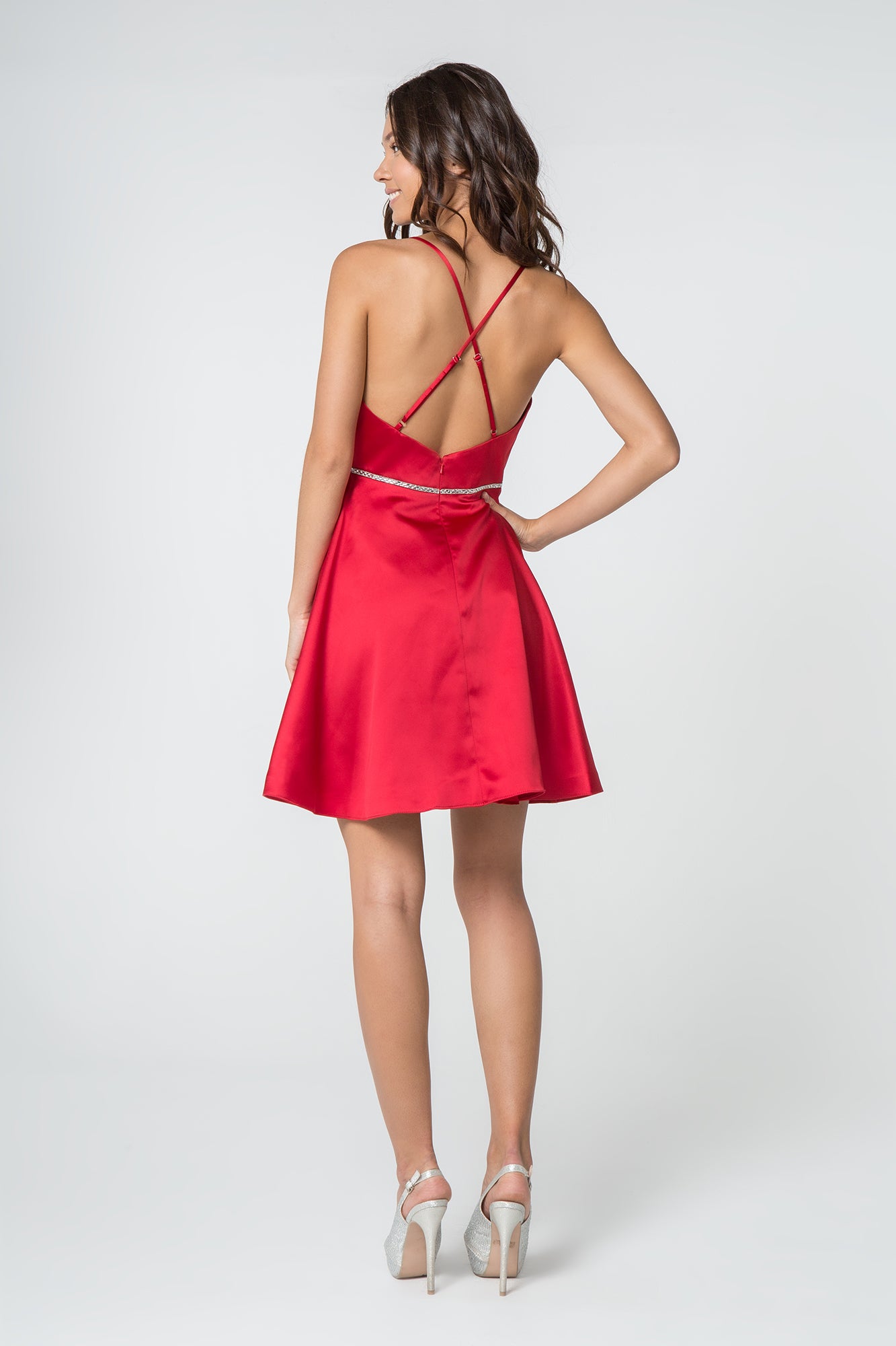 Jewel Accented Waistline Satin Short Dress w/ Strap Back