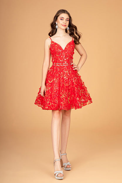 Mock Two-Piece Babydoll Short Dress w/ 3-D Flower Appliques