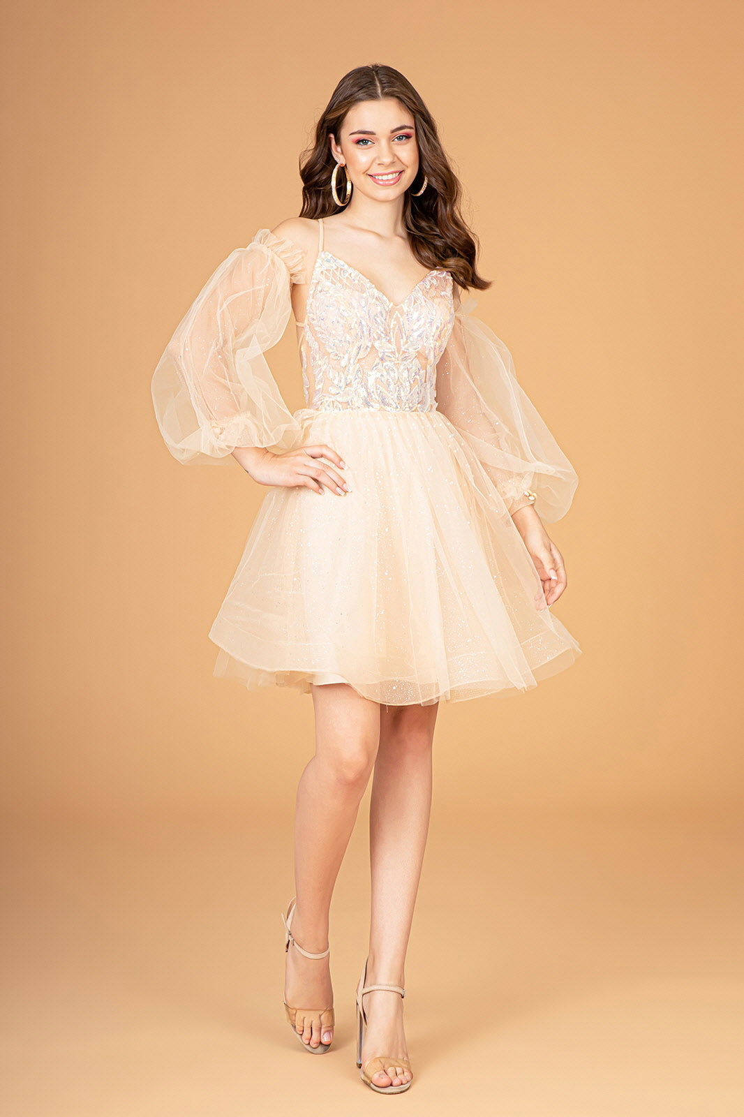 Sheer Bodice Glitter Short Dress w/ Detachable Mesh Long Sleeves M / Champagne