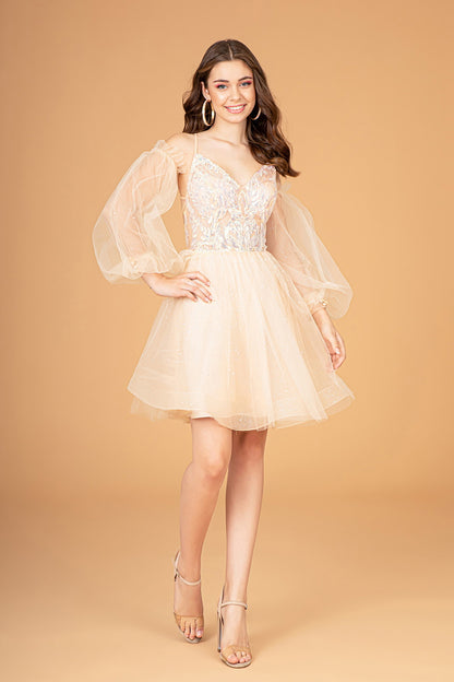 Sheer Bodice Glitter Short Dress w/ Detachable Mesh Long Sleeves