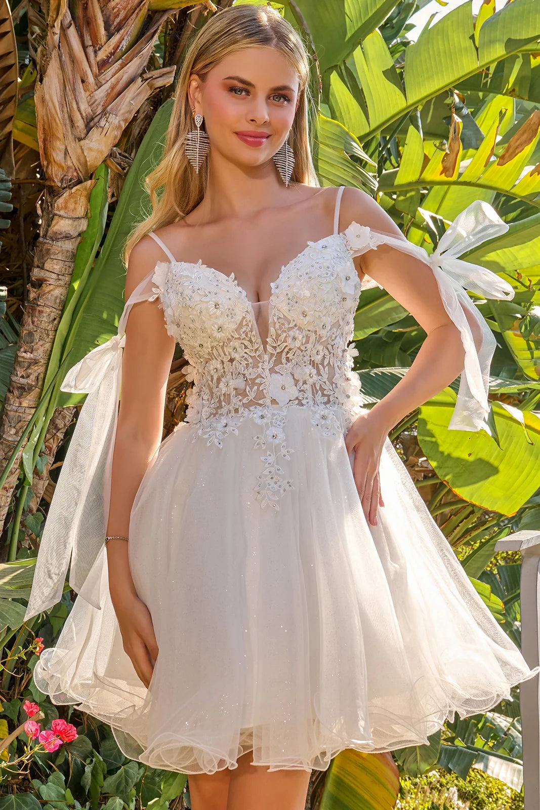 3D Flower and Embroidery Embellished Glitter Mesh Homecoming Dress w/ Lace-Up Back