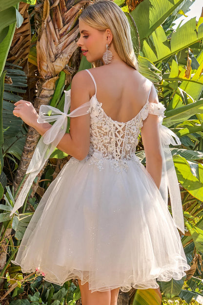 3D Flower and Embroidery Embellished Glitter Mesh Homecoming Dress w/ Lace-Up Back