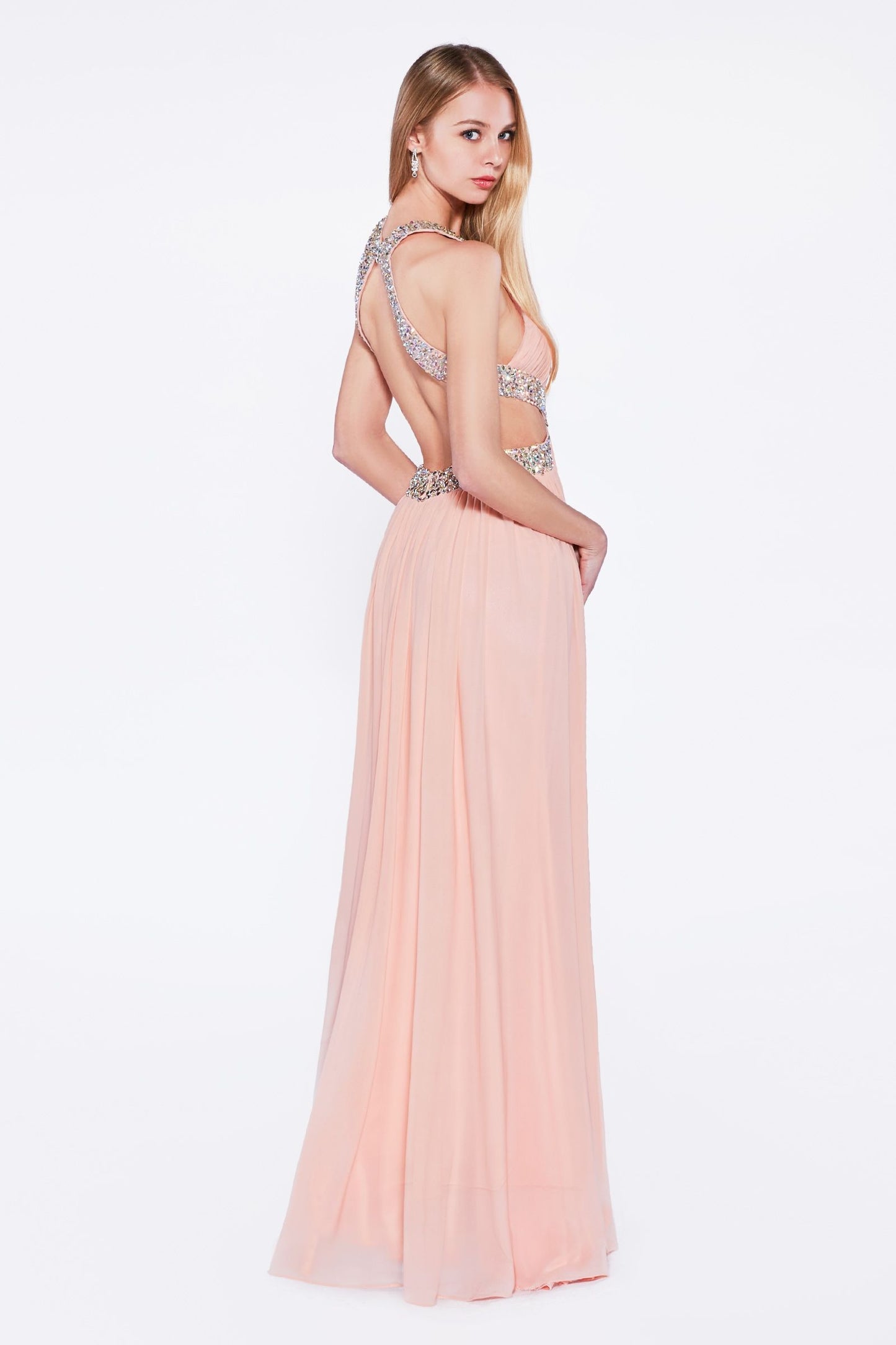 A-line stretch net dress with halter neckline and beaded waist cut outs.