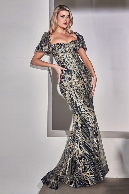 Glitter Printed Gown With Puff Sleeves